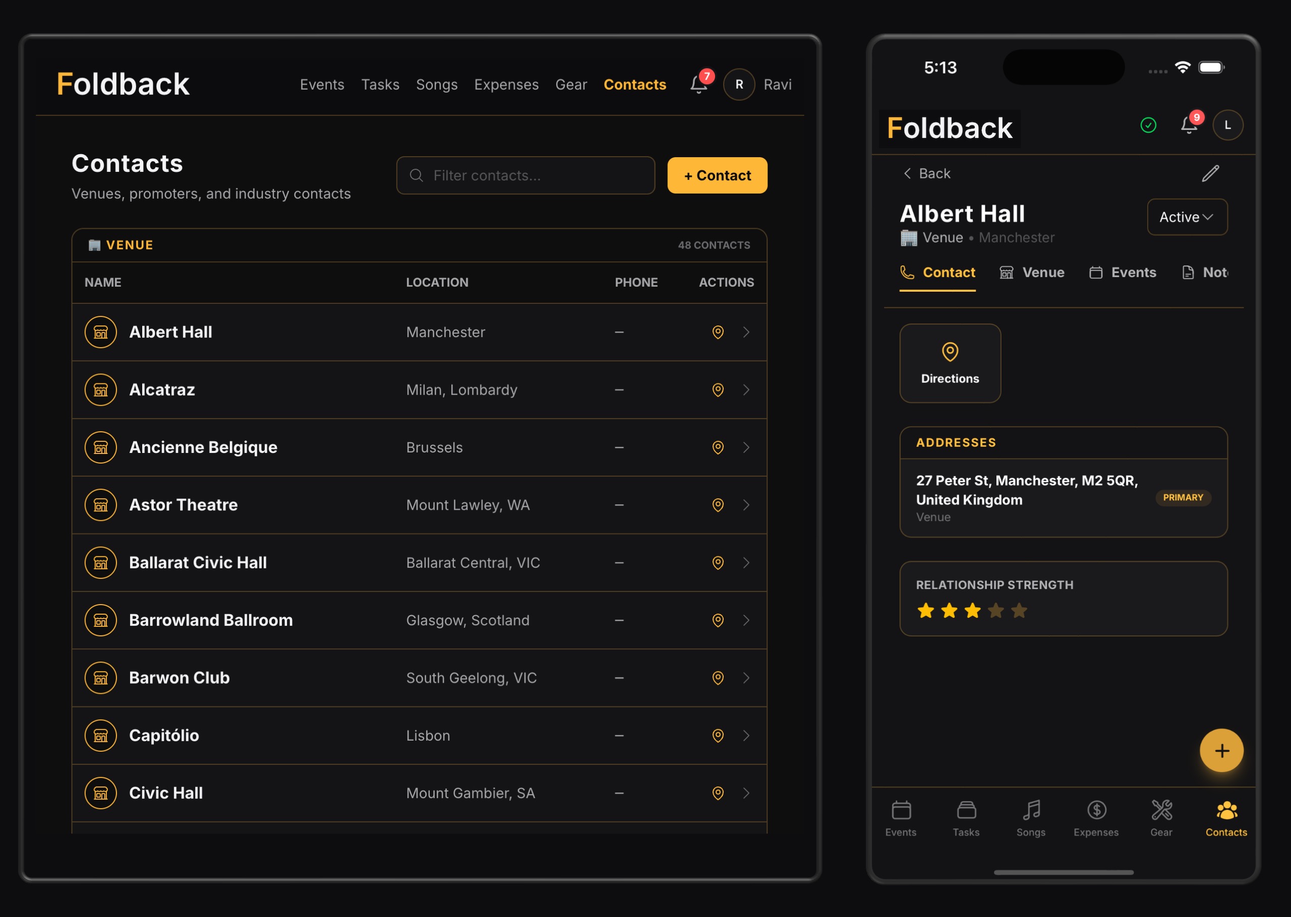 Your venues, promoters, and crew — organised and shared.